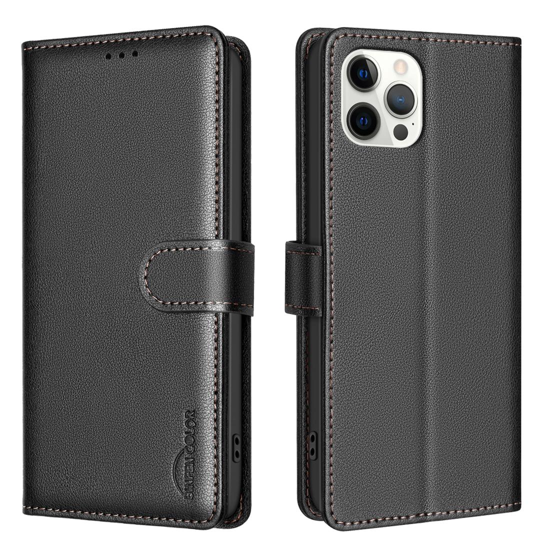 

BINFEN COLOR BF32 For iPhone 12/12 Pro Phone Case Litchi Texture RFID Blocking Leather Phone Cover Black