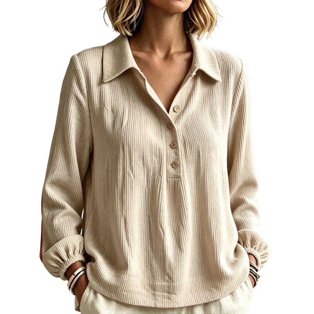 Women's Casual Long Sleeve Buttoned V-Neck Loose Fit Pullover Top for Daily Wear