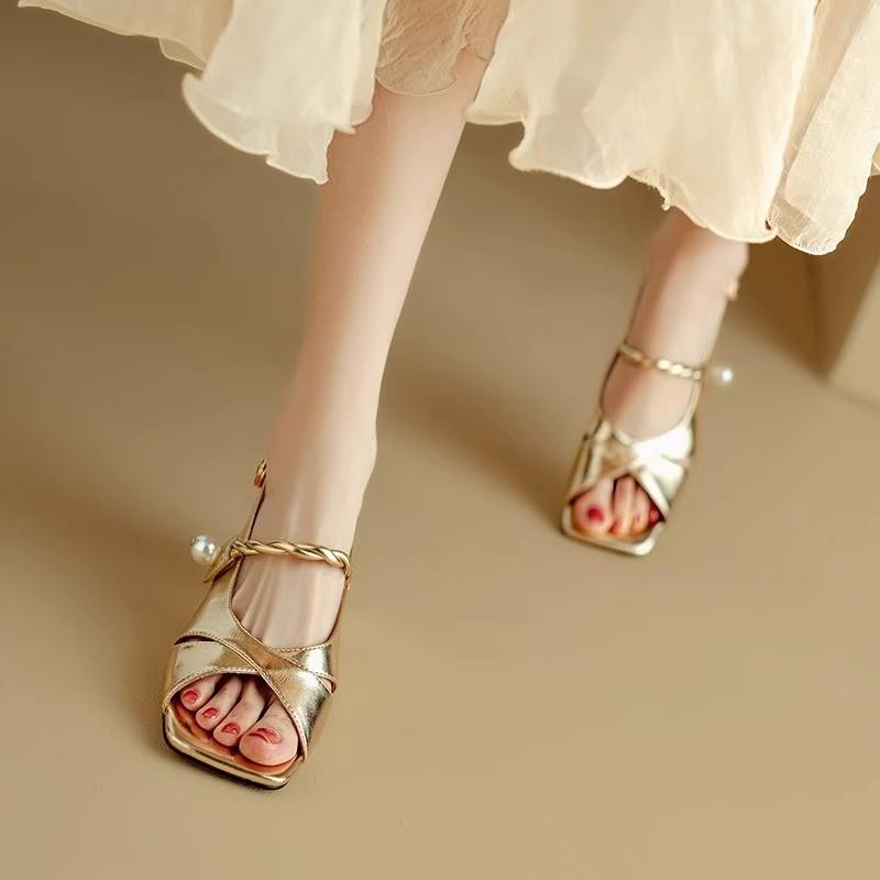 Fashion 2025 A Line with Open Toe Thick Heel Sandals Summer New Square Head Cross with Pearl Ancient Fish Mouth Heel Shoes