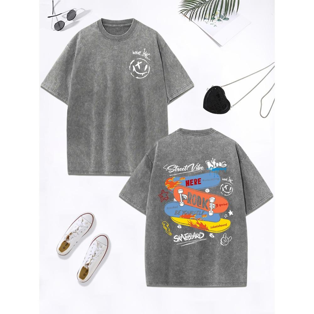 Skateboard Rock Be Youself Printing Washed T-Shirts Women Cotton Oversized T Shirt O-Neck Tops Casual Woman Clothes