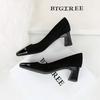 Damen-Schuhe aus Wildleder mit flacher Öffnung, Farbblockierung, quadratische Zehenpartie, dicker Absatz, mittlerer Absatz, modisches Leopardenmuster, Einzelschuh für Damen