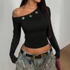2026 Casual Diagonal Neck Long Sleeve Off The Shoulder Womens Blouse Spring Solid Color Crop Tops Streetwear T-shirt Slim Fit Short Shirt