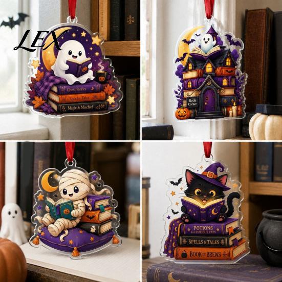 Reading Themed Window Hanging Halloween Ghost Ornament, Acrylic Holding Book Pumpkin Bookshelf Ornaments Black Cat Mummy Decor, 2D Cartoon Bookish