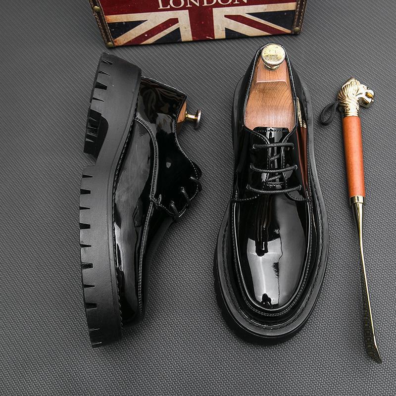 2025 Men's Chunky Glossy Leather Lace-up Casual Shoes with Thick Sole & Square Heel