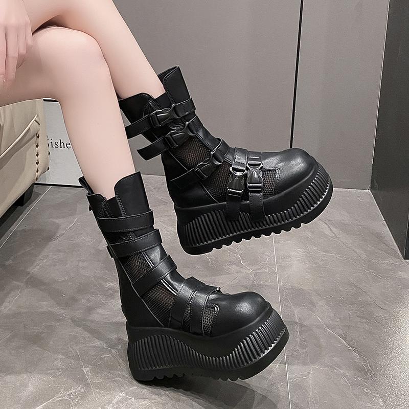 Fashion 8.5CM Women Spring Summer Boots Fashion Breathable Mesh Hollow Sneakers High Platform Ankle Boots For Woman Outdoor Chunky Shoes