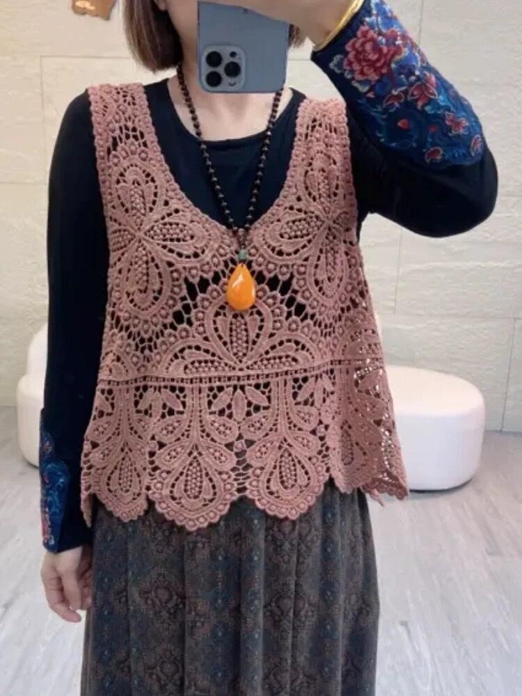 Z2005 Spring and Autumn Series Temperament Lace Embroidery, Vest Wear Foreign Style Loose and Thin Stacked Cotton Thread Vest