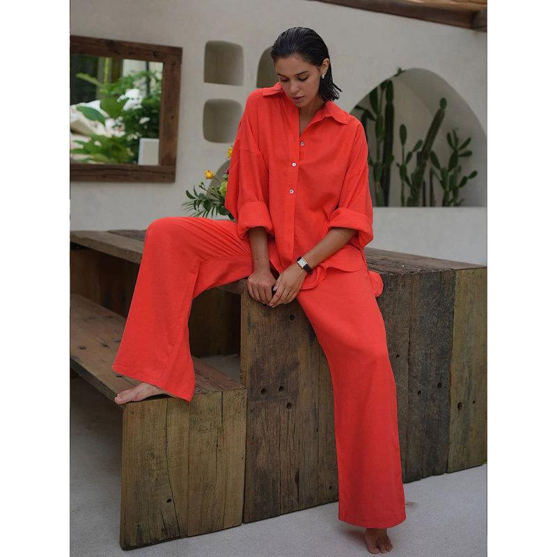 Tooxika Ladies Nova Camisa Solta de Algodão + Conjunto de Calças Largas