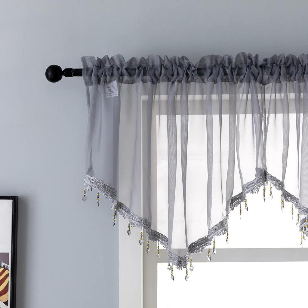Beaded Triangle Sheer Valance Curta for Living Room,Rod Pocket Farmhouse Window Valance, Bead Trim Tassel Voile Sheer Curtain Valance for Bedroom