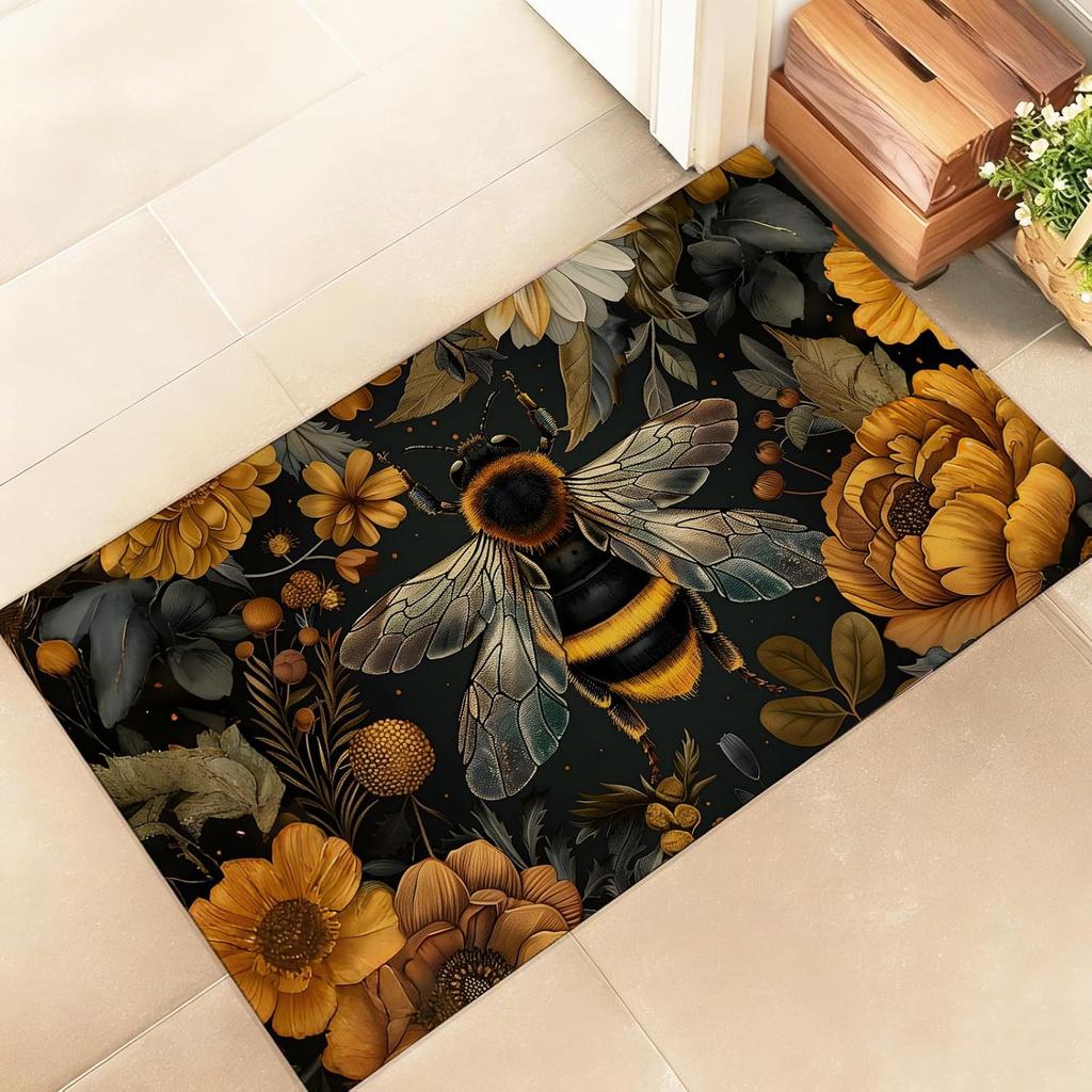 Retro Golden Bee Floral Door Mat Vintage Art Non Slip Floor Rug Decor