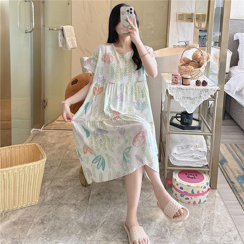 Cotton and silk nightgown women's spring and autumn casual short-sleeved large-size printed pajamas summer thin high-end cotton loungewear