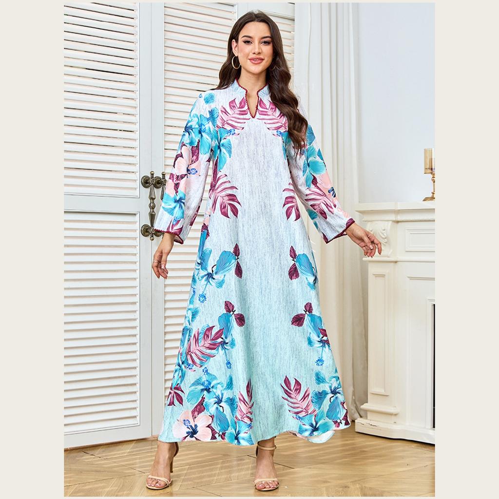 Casual Dresses Arabian Style Elegant Floral Loose Plus Size Casual Maxi Dress for Women, 100% Polyester Fashionable Comfortable Dress