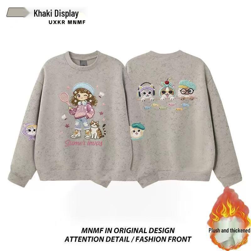 Girls' Tie-Dye Crewneck Sweatshirt with Cartoon Cat - Fleece-Lined for Spring and Autumn 2025, Medium & Large Sizes
