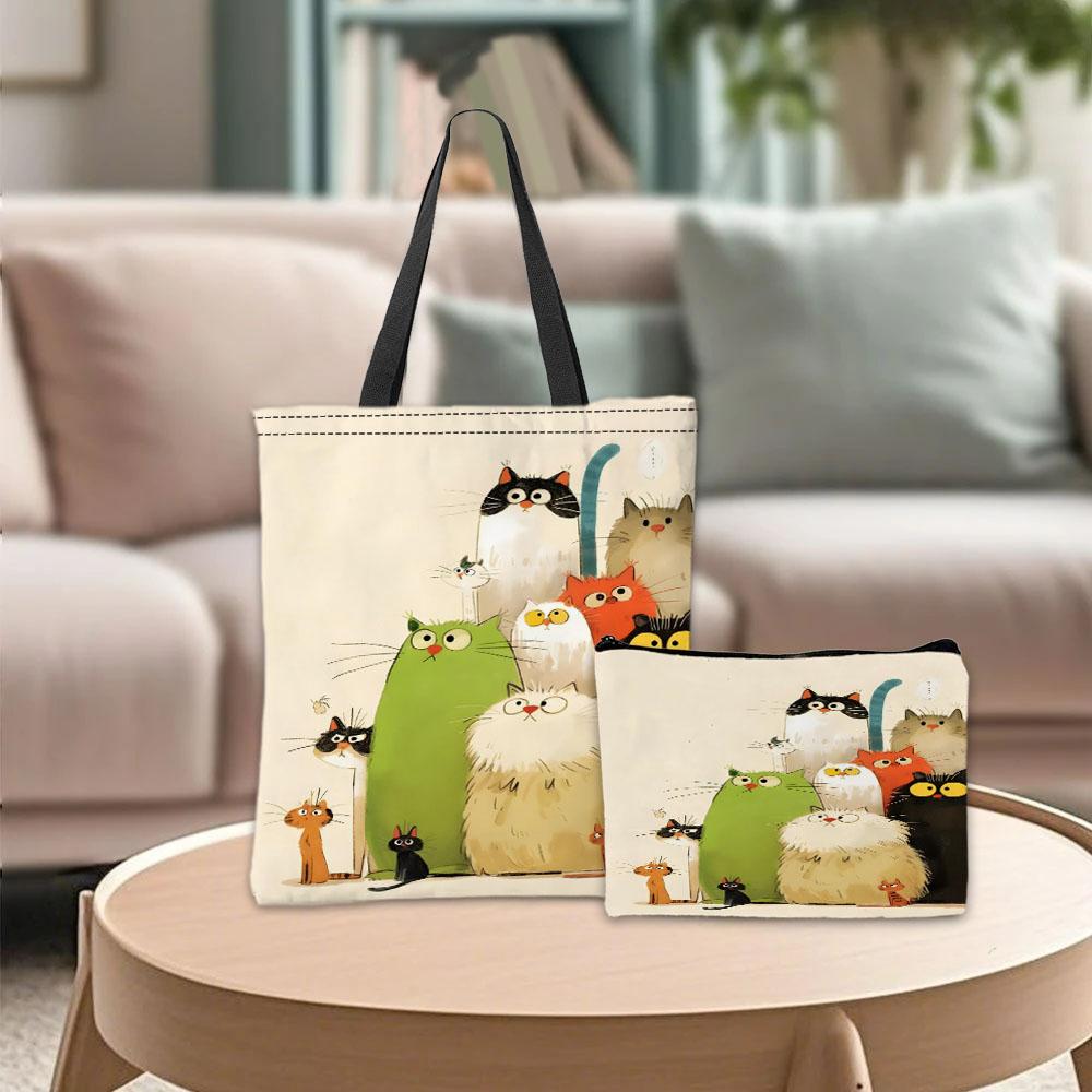 Whimsical Cartoon Cats Tote Bag Makeup Pouch Practical Combination Shopping Storage Bag Floral Art Handbag Travel Camping