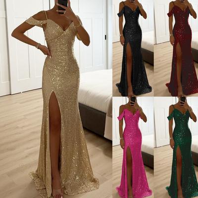 Women's V Neck Cold Shoulder Sleeveless Maxi Dress Mermaid Fit Mid Waist Elegant Sequin Slit Evening Gown