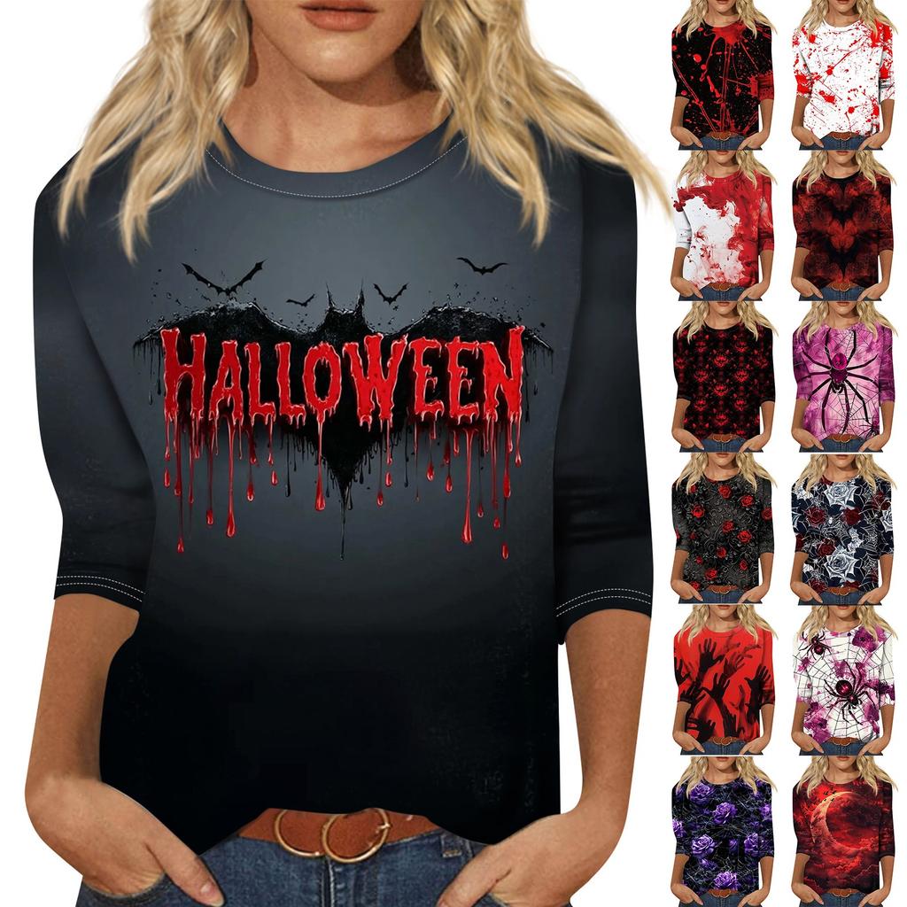 Dámské módní ležérní top s tříčtvrtečním rukávem a halloweenským potiskem, kulatý výstřih