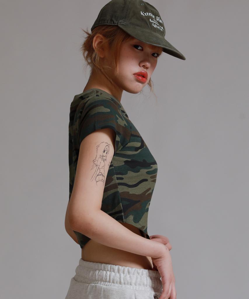 NAJBARDZIEJ Lubię Wojskowy Kamuflaż Okrągły Dekolt Krótki Pół-T-shirt_Khaki