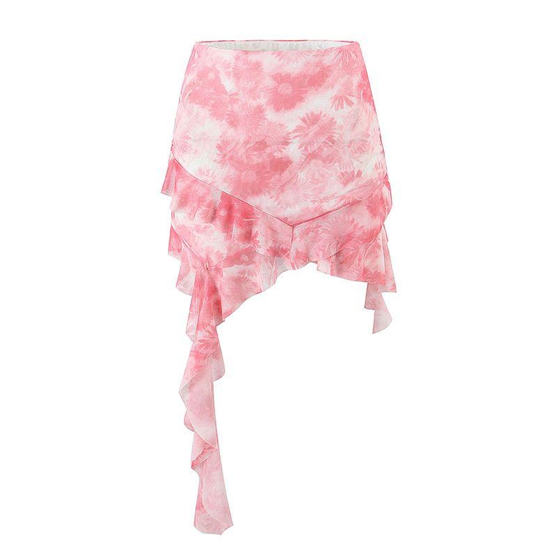 

Rose Melody French style Sweet Romantic Pink Girl Frill Sling Irregular Skirt Holiday Style Set Pink overskirt M