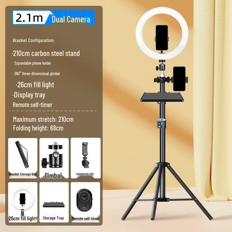Dual Phone Streaming Stand with Multi-Camera Selfie Gadget and Fill Light for Douyin