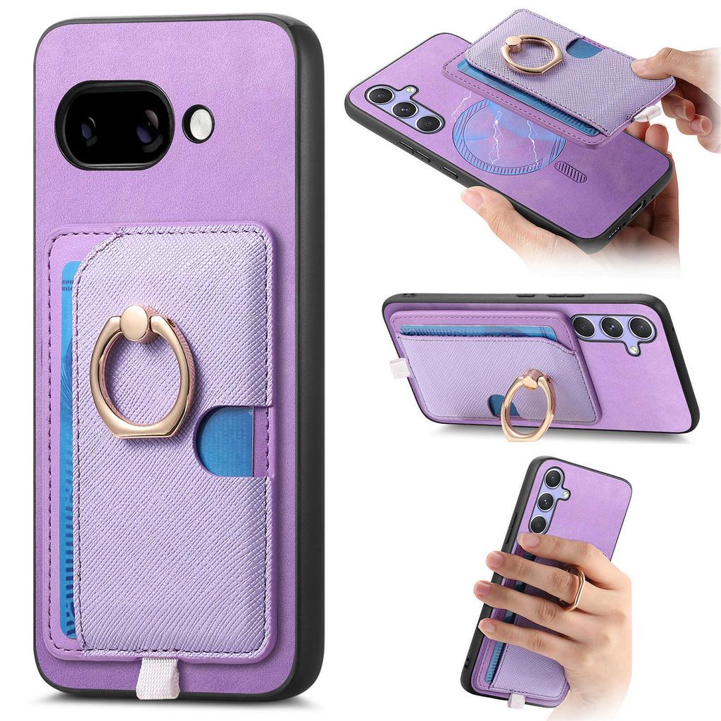 For Google Pixel 9a Case Ring Kickstand Leather + TPU + PC Phone Cover Detachable Card Holder