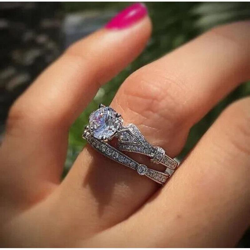 Hot Sale White Gold Claw Round Personality Full Diamond Zircon Ring Simple Sense Creative Ring Women no. 6