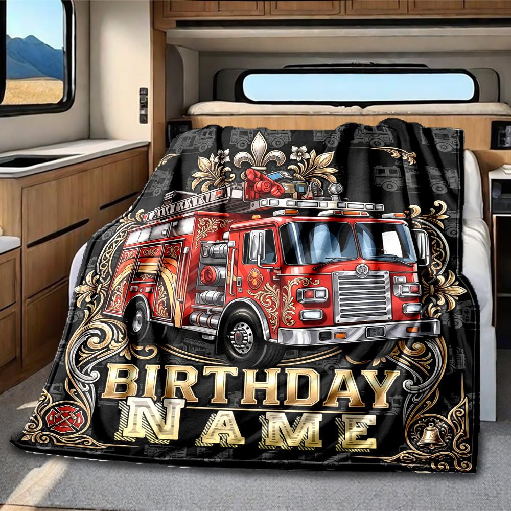 Fire Truck Birthday Rv Customize Your Name Blanket Comfortable Soft Lightweight Perfect For Travel Camping Picnics Sofas Rvs Bedding Living Room Gift