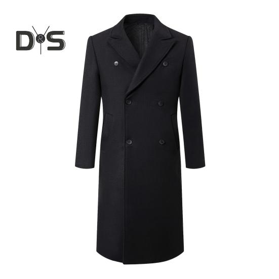 Men Windbreaker Suit Collar Long Sleeve Double-Breasted Thickened Woolen Coat Solid Color Pockets Design Mid-length Outwear