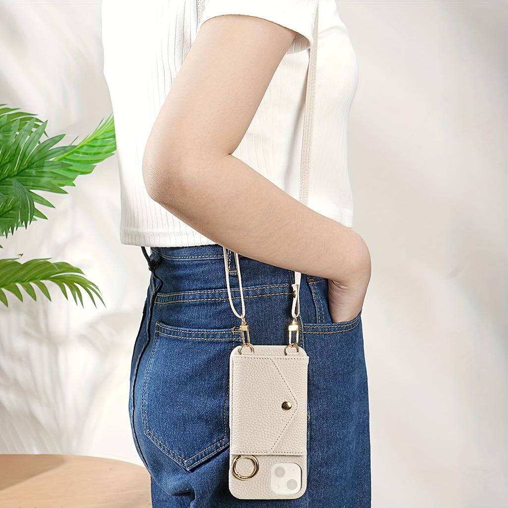 Handyhülle aus Kunstleder für iPhone 15 14 Plus 13 12 11 Pro Max mit langem Umhängeband, stoßfeste Hülle, mit Spiegel