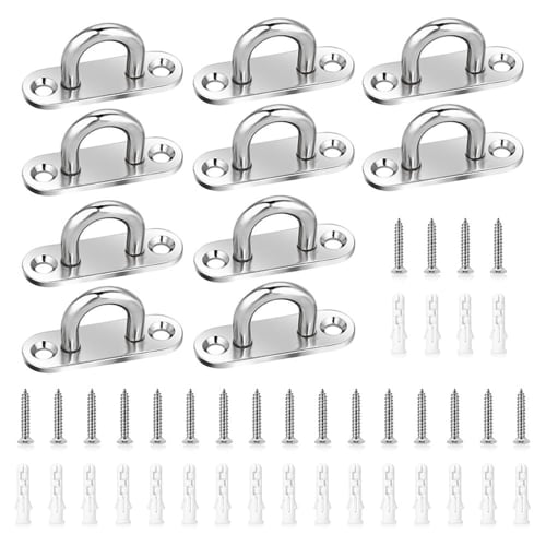 

10-Piece Round and Rectangular Eyelet Screw Hook Eye Plate Set with 20 Screws, M5 Stainless Steel Ceiling Hooks, Fixed Hooks, 304 Stainless Steel, Sli