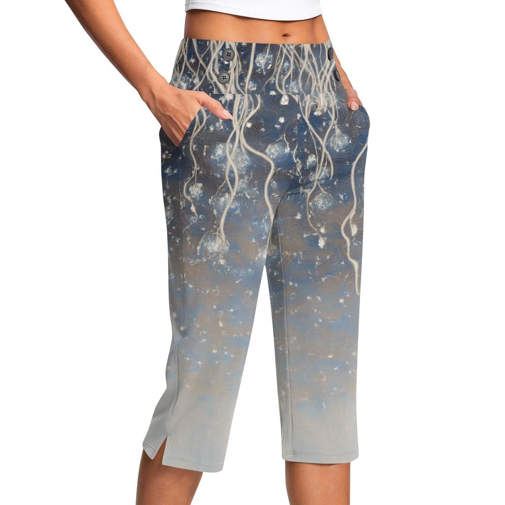 Women's Vintage Floral Print Button Pocket Trousers Slit High Waist Sports Yoga Casual Pants