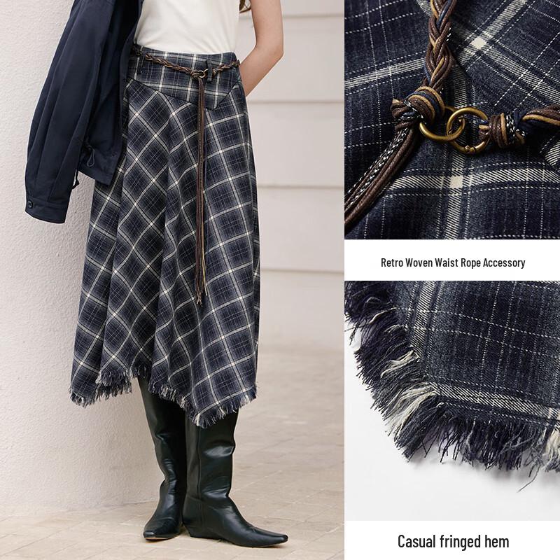 Xiangying Irregular Plaid Wool Blend A-line Skirt