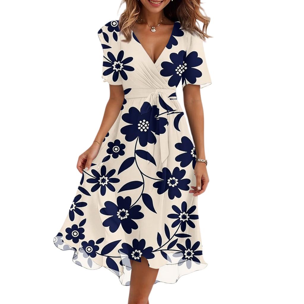 Women's Casual V Neck Short Sleeve Floral Print Dress Vintage Style Midi Length Lightweight Fabric Summer Dress