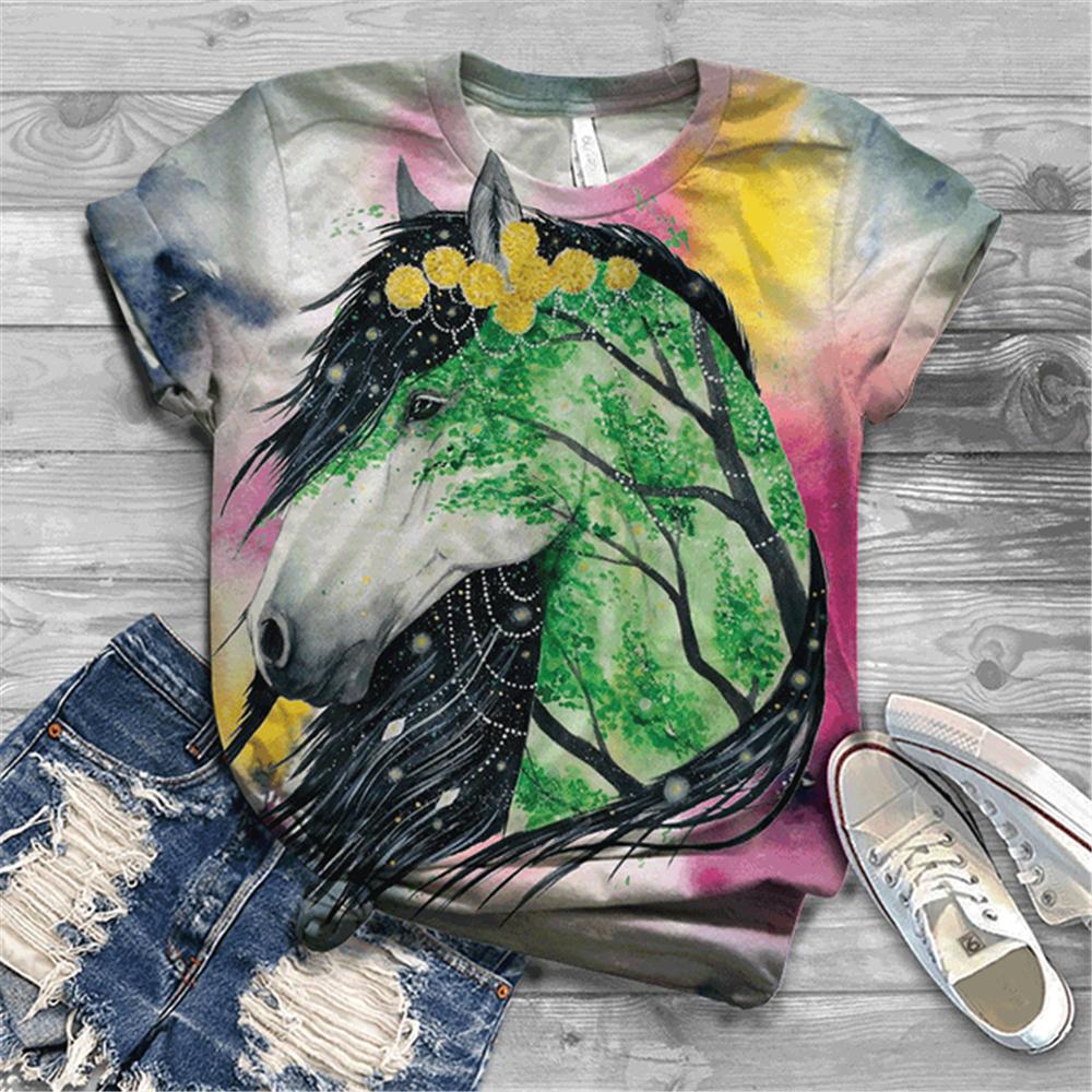 Women's T-shirt Short Sleeve Summer Everyday Animation Horse Digital 3D Print Sexy Diagonal Collar Top Loose Female Pullover