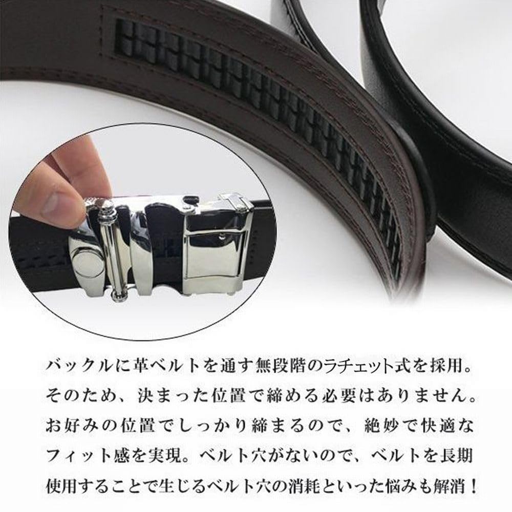 Genuine Leather Ratchet Belts for Men, Set of 2, Holeless, Infinitely Adjustable, 3.5cm Wide, 120cm Long (Cuttable), Suitable for Business, Formal,
