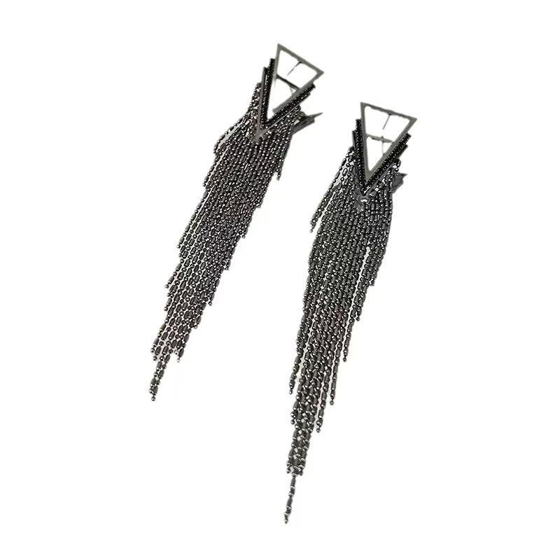 Black Triangle Geometric Tassel Earrings - Luxe Fashion, Long Dangle, High-End Style, Chic Personality Jewelry for Women