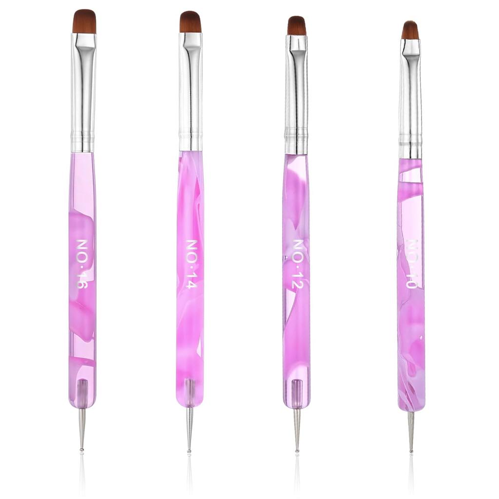 4 Pcs French Gel Nail Art Brush, Double-Ended French Gel Acrylic Nail Brush with Dotting Tool, Professional Manicure Tool for Manicure Cuticle Clean