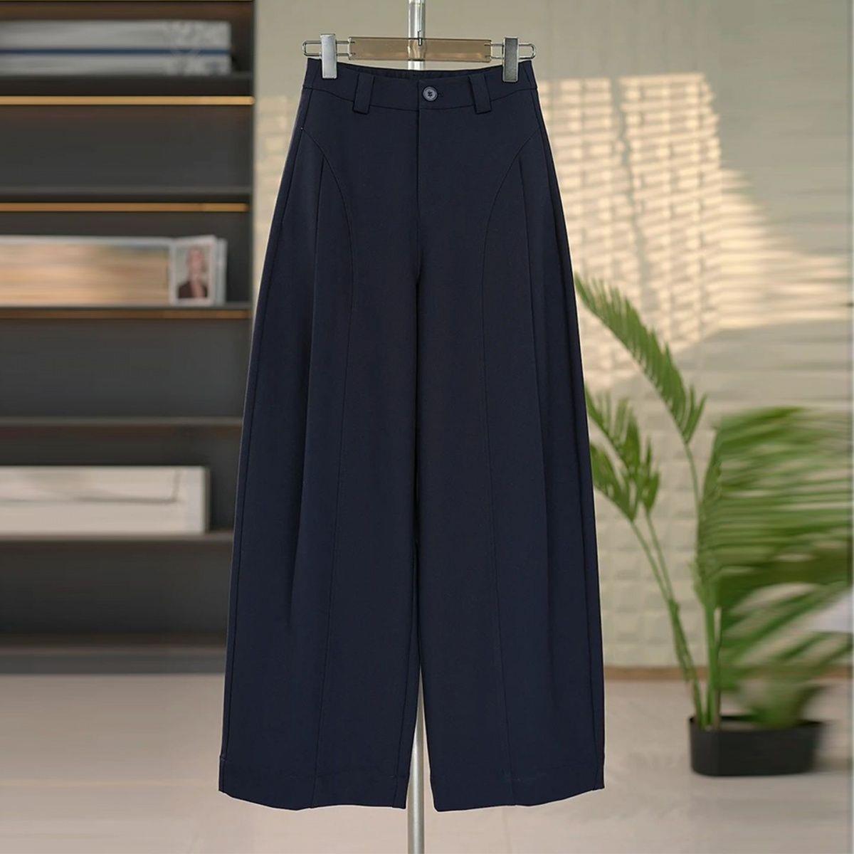 

Women s High-Waisted Gray Wide-Leg Suit Pants - Slimming Loose Drape Casual Fit L 100-115 lbs темно-синий