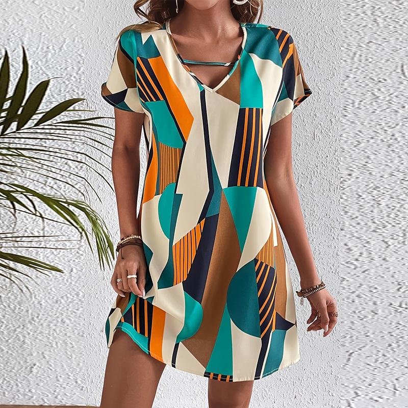 Women's Color-Blocked Holiday V-Neck A-Line Dress - European & American Style