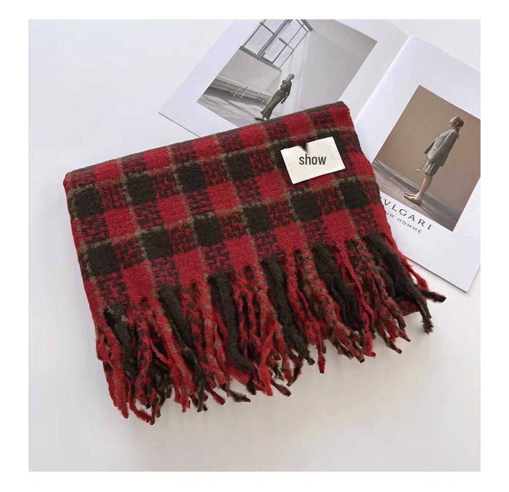 Women's Korean-Style Imitation Cashmere Plaid Scarf – Thick, Warm, and Versatile for Fall and Winter