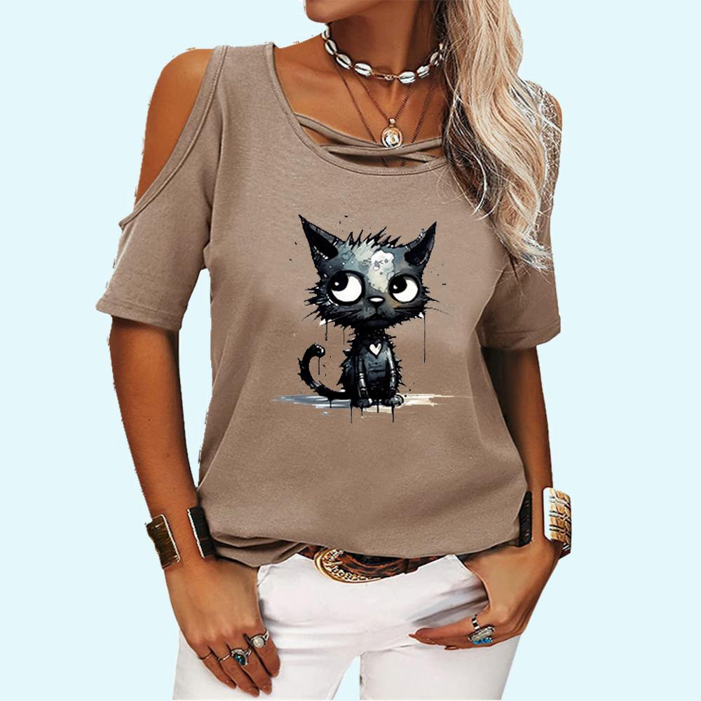 Women Fashion Off Shoulder Top Casual O Neck Summer Tee Shirt Print Loose Short Sleeve T-shirt