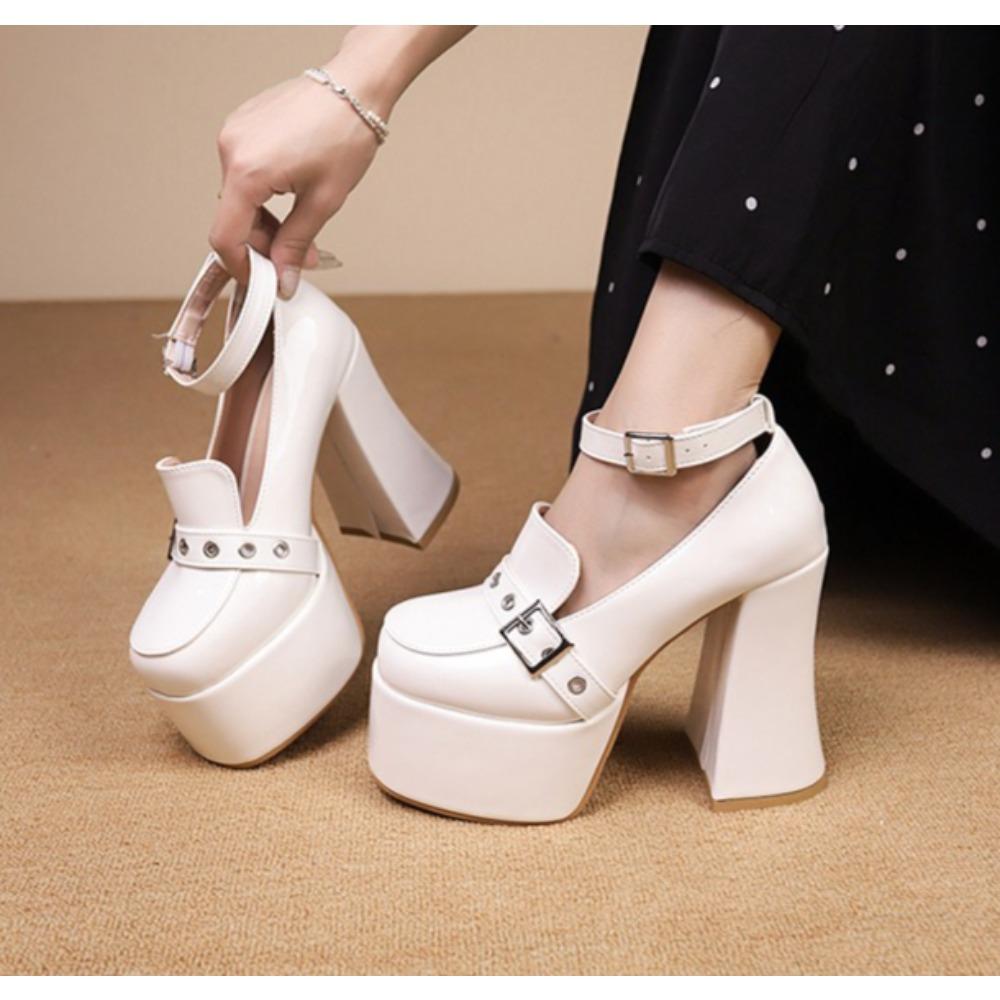 Sexy High Heel Shoes New Round Head Shallow Mouth Metal Buckle Thick Heel Waterproof Platform Mary Jane Women's Shoes