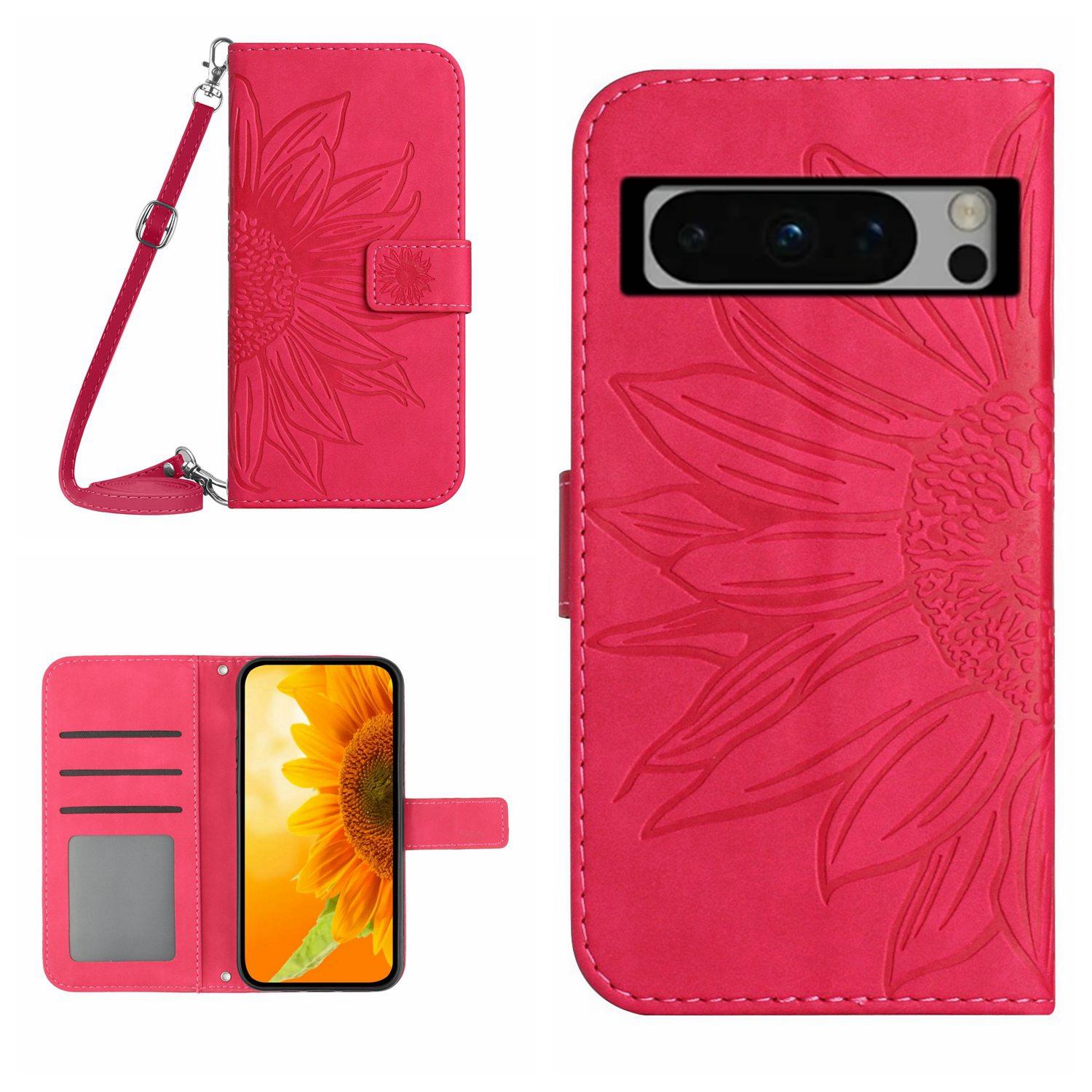 

HT04 For Google Pixel 8 Pro Skin-Touch PU Leather Case Wallet Stand Imprinted Phone Cover with Shoulder Strap Rose
