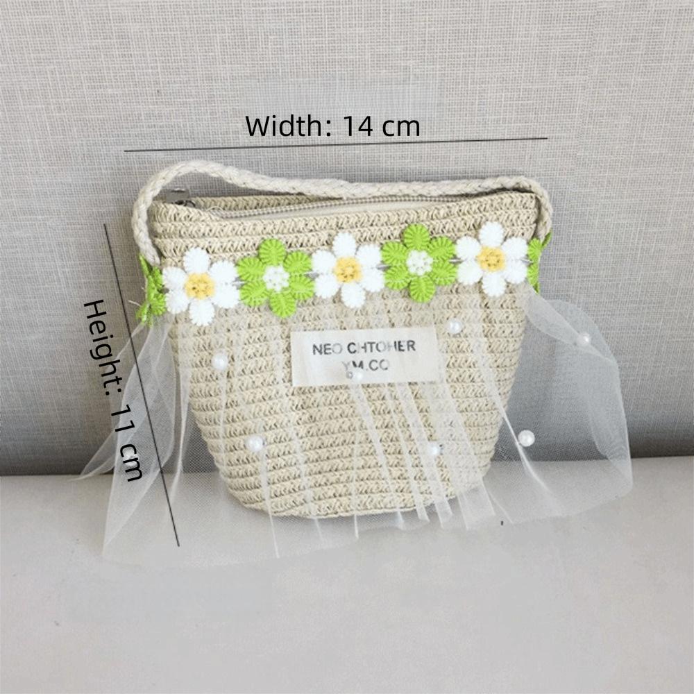Wide Brim Children Sun Hat Pearl Decoration Breathable Material Sun Hat Straw Material Lace Trim Shoulder Bag Girls Accessories