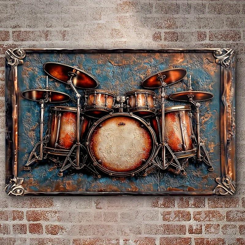 2d Flat 30*20cm, Vintage Drum Set Wall Art, Boho Style Decorative Wooden Sign, Multipurpose, for Living Room, Home Decor, Home Kitchen Garden, Bedroom