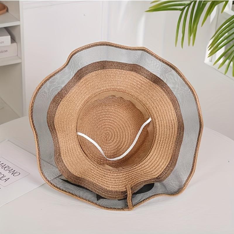 high quality1pc outdoor beach hat, large eaves bow ribbon beach hat for ladies, round-topped straw hat, bow sun hat