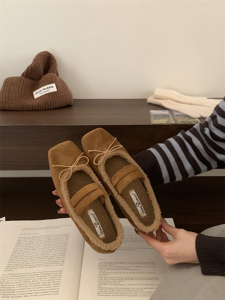 2025 autumn and winter new flat-bottomed bow velvet Mary Jane shoes women's warm ballet shoes lamb wool single shoes