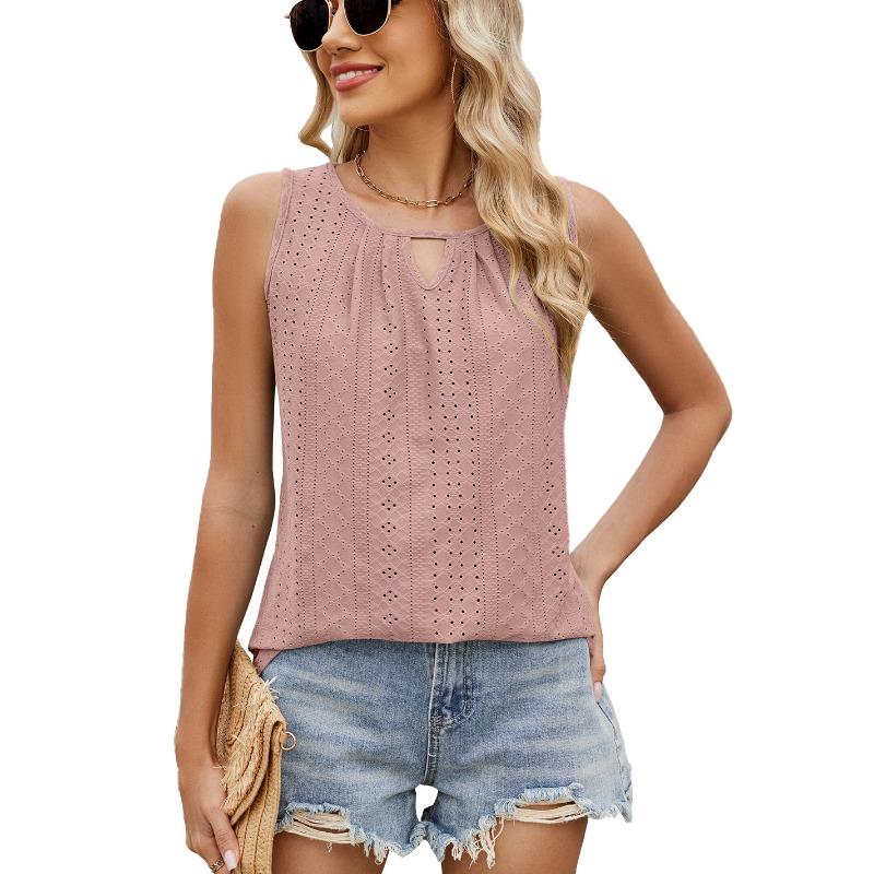 Women's New Spring and Summer Round Neck Hollow Pleated Vest Sleeveless Top T-shirt