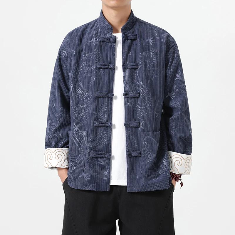 

Осенние мужские куртки с узором дракона, мужской вельветовый костюм тан, мужские китайские традиционные пальто, куртка для кунг-фу, мужская ретро-куртка, рубашка XL синий