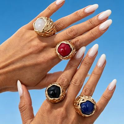 Exaggerated Retro Hollowed-out Metal Geometric Round Imitation Gemstone Opening Rings for Women Stacked Finger Jewelry Accessory