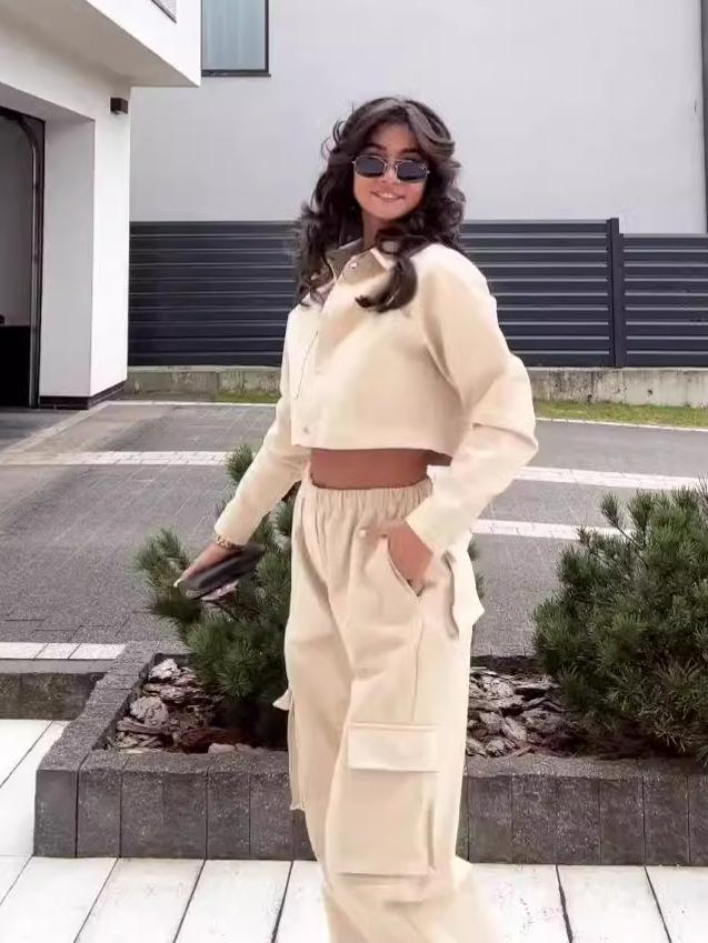 2024 Herbst Europäisch & Amerikanisch Einfarbig Revers Crop Top und High Waist Weitbein Hose Set für Damen