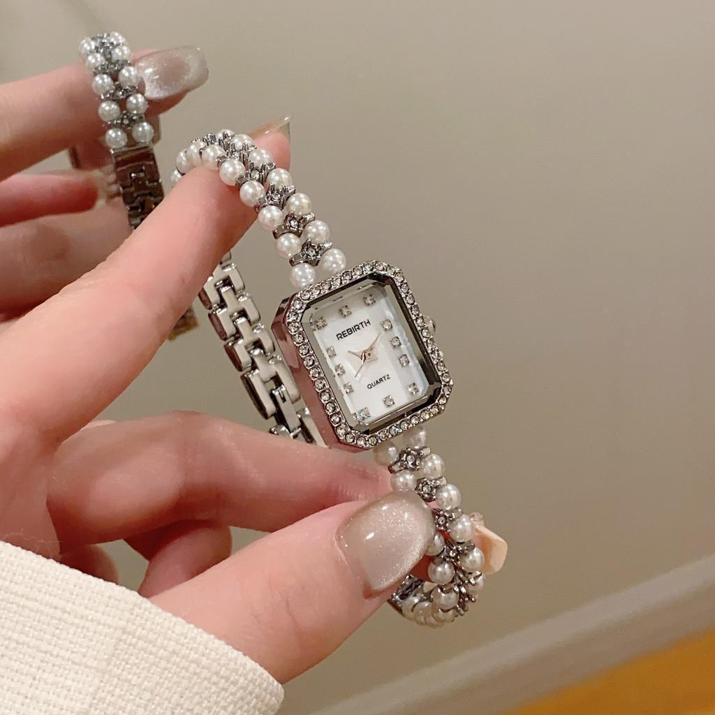 Diamond Pearl Studded Strap Women Watch Luxury Rhinestone Analog Quartz Ladies Bracelet Watches Square Dial Wristwatch Reloj